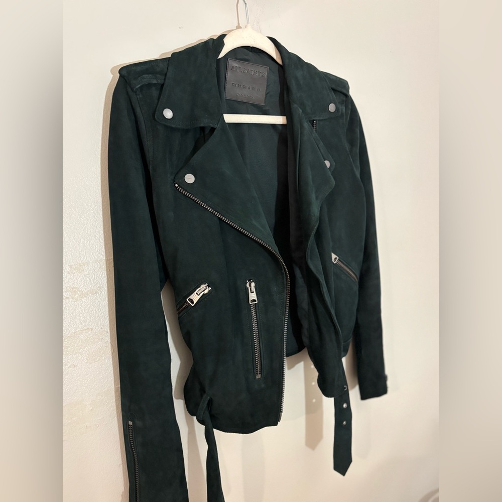All Saints Dark Green Suede Leather Jacket